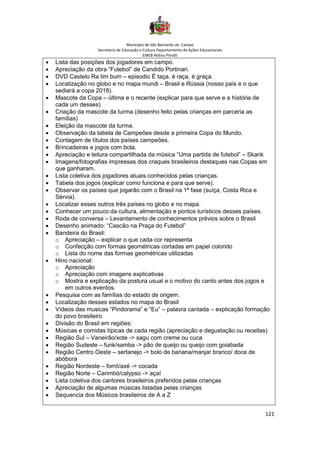 Município de São Bernardo do Campo
Secretaria de Educação e Cultura Departamento de Ações Educacionais
EMEB Aldino Pinotti
121
• Lista das posições dos jogadores em campo.
• Apreciação da obra “Futebol” de Candido Portinari.
• DVD Castelo Ra tim bum – episodio É taça, é raça, é graça.
• Localização no globo e no mapa mundi – Brasil e Rússia (nosso país e o que
sediará a copa 2018).
• Mascote da Copa – última e o recente (explicar para que serve e a história de
cada um desses)
• Criação da mascote da turma (desenho feito pelas crianças em parceria as
famílias)
• Eleição da mascote da turma.
• Observação da tabela de Campeões desde a primeira Copa do Mundo.
• Contagem de títulos dos países campeões.
• Brincadeiras e jogos com bola.
• Apreciação e leitura compartilhada da música “Uma partida de futebol” – Skank
• Imagens/fotografias impressas dos craques brasileiros destaques nas Copas em
que ganharam.
• Lista coletiva dos jogadores atuais conhecidos pelas crianças.
• Tabela dos jogos (explicar como funciona e para que serve).
• Observar os países que jogarão com o Brasil na 1ª fase (suíça, Costa Rica e
Sérvia).
• Localizar esses outros três países no globo e no mapa.
• Conhecer um pouco da cultura, alimentação e pontos turísticos desses países.
• Roda de conversa – Levantamento de conhecimentos prévios sobre o Brasil
• Desenho animado: “Cascão na Praça do Futebol”
• Bandeira do Brasil:
o Apreciação – explicar o que cada cor representa
o Confecção com formas geométricas cortadas em papel colorido
o Lista do nome das formas geométricas utilizadas
• Hino nacional:
o Apreciação
o Apreciação com imagens explicativas
o Mostra e explicação da postura usual e o motivo do canto antes dos jogos e
em outros eventos.
• Pesquisa com as famílias do estado de origem.
• Localização desses estados no mapa do Brasil
• Vídeos das musicas “Pindorama” e “Eu” – palavra cantada – explicação formação
do povo brasileiro
• Divisão do Brasil em regiões:
• Músicas e comidas típicas de cada região (apreciação e degustação ou receitas)
• Região Sul – Vaneirão/xote -> sagu com creme ou cuca
• Região Sudeste – funk/samba -> pão de queijo ou queijo com goiabada
• Região Centro Oeste – sertanejo -> bolo de banana/manjar branco/ doce de
abóbora
• Região Nordeste – forró/axé -> cocada
• Região Norte – Carimbó/calypso -> açaí
• Lista coletiva dos cantores brasileiros preferidos pelas crianças
• Apreciação de algumas músicas listadas pelas crianças
• Sequencia dos Músicos brasileiros de A a Z
 