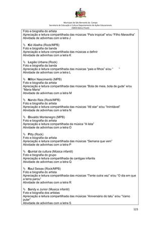 Município de São Bernardo do Campo
Secretaria de Educação e Cultura Departamento de Ações Educacionais
EMEB Aldino Pinotti
123
Foto e biografia do artista
Apreciação e leitura compartilhada das músicas “País tropical” e/ou “Filho Maravilha”
Atividade de adivinhas com a letra J
 Kid Abelha (Rock/MPB)
Foto e biografia da banda
Apreciação e leitura compartilhada das músicas a definir
Atividade de adivinhas com a letra K
 Legião Urbana (Rock)
Foto e biografia da banda
Apreciação e leitura compartilhada das músicas “pais e filhos” e/ou “ ”
Atividade de adivinhas com a letra L
 Milton Nascimento (MPB)
Foto e biografia da artista
Apreciação e leitura compartilhada das músicas “Bola de meia, bola de gude” e/ou
“Maria Maria”
Atividade de adivinhas com a letra M
 Nando Reis (Rock/MPB)
Foto e biografia do artista
Apreciação e leitura compartilhada das músicas “All star” e/ou “Inimitável”
Atividade de adivinhas com a letra N
 Osvaldo Montenegro (MPB)
Foto e biografia do artista
Apreciação e leitura compartilhada da música “A lista”
Atividade de adivinhas com a letra O
 Pitty (Rock)
Foto e biografia da artista
Apreciação e leitura compartilhada das músicas “Semana que vem”
Atividade de adivinhas com a letra P
 Quintal da cultura (Música infantil)
Foto e biografia do grupo
Apreciação e leitura compartilhada de cantigas infantis
Atividade de adivinhas com a letra Q
 Raul Seixas (Rock/MPB)
Foto e biografia do artista
Apreciação e leitura compartilhada das músicas “Tente outra vez” e/ou “O dia em que
a terra parou”
Atividade de adivinhas com a letra R
 Sandy e Junior (Musica infantil)
Foto e biografia dos artistas
Apreciação e leitura compartilhada das músicas “Aniversário do tatu” e/ou “Vamo
pular”
Atividade de adivinhas com a letra S
 