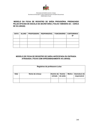 Município de São Bernardo do Campo
Secretaria de Educação e Cultura Departamento de Ações Educacionais
EMEB Aldino Pinotti
149
MODELO DA FICHA DE REGISTRO DE SAÍDA PROVISÓRIA, PREENCHIDO
PELAS OFICIAIS DE ESCOLA NA SECRETARIA ( FOLHA TAMANHO A4 – CERCA
DE 50 LINHAS)
DATA ALUNO PROFESSORA RESPONSÁVEL FUNCIONÁRIO CARTEIRINHA
Nº
MODELO DE FICHA DE REGISTRO DE SAÍDA ANTECIPADA OU ENTRADA
ATRASADA ( FICHA COM APROXIMADAMENTE 40 LINHAS)
Registros da professora Luísa
Data Nome da criança Horário de
entrada
Horário
de saída
Motivo Assinatura do
responsável
 