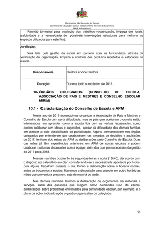 Município de São Bernardo do Campo
Secretaria de Educação e Cultura Departamento de Ações Educacionais
EMEB Aldino Pinotti
53
Reunião bimestral para avaliação dos trabalhos (organização, limpeza dos locais,
salubridade e a necessidade de possíveis intervenções estruturais para melhorar os
espaços utilizados para este fim).
Avaliação:
Será feita pela gestão da escola em parceria com os funcionários, através da
verificação da organização, limpeza e controle dos produtos recebidos e estocados na
escola.
Responsáveis Diretora e Vice Diretora
Duração Durante todo o ano letivo de 2018.
10- ÓRGÃOS COLEGIADOS (CONSELHO DE ESCOLA,
ASSOCIAÇÃO DE PAIS E MESTRES E CONSELHO ESCOLAR
MIRIM)
10.1 - Caracterização do Conselho de Escola e APM
Neste ano de 2018 conseguimos organizar a Associação de Pais e Mestres e
Conselho de Escola com certa dificuldade, mas os pais que aceitaram o convite estão
interessados em aprender como a escola lida com as verbas repassadas, como
podem colaborar com ideias e sugestões, apesar da dificuldade das demais famílias
em atender a esta possibilidade de participação. Alguns permaneceram nos órgãos
colegiados por entenderem que colaboraram nas tomadas de decisões e aquisições
de 2017, tenham sido estas via APM ou deliberações pelo Conselho de Escola. Duas
das mães já têm experiências anteriores em APM de outras escolas e podem
colaborar muito nas discussões com a equipe, além das que permaneceram da gestão
de 2017 para 2018.
Nossas reuniões ocorrerão às segundas-feiras a noite (18h40), de acordo com
o disposto no calendário escolar, considerando-se a necessidade apontada por todos,
pois alguns trabalham durante o dia. Como a deliberação sobre o horário ocorreu
antes de trocarmos a equipe, ficaremos a disposição para atender em outro horário as
mães que porventura precisem, seja de manhã ou tarde.
Nas demais reuniões teremos a deliberação de orçamentos de materiais e
serviços, além das questões que surgem como demandas (uso da escola,
deliberações sobre problemas enfrentados pela comunidade escolar, por exemplo) e o
plano de ação, indicado após o quadro organizativo do colegiado.
 