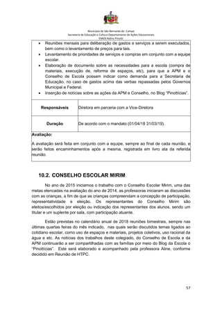 Município de São Bernardo do Campo
Secretaria de Educação e Cultura Departamento de Ações Educacionais
EMEB Aldino Pinotti
57
• Reuniões mensais para deliberação de gastos e serviços a serem executados,
bem como o levantamento de preços para tais.
• Levantamento de prioridades de serviços e compras em conjunto com a equipe
escolar.
• Elaboração de documento sobre as necessidades para a escola (compra de
materiais, execução de, reforma de espaços, etc), para que a APM e o
Conselho de Escola possam indicar como demanda para a Secretaria de
Educação, no caso de gastos acima das verbas repassadas pelos Governos
Municipal e Federal.
• Inserção de notícias sobre as ações da APM e Conselho, no Blog “Pinottícias”.
Responsáveis Diretora em parceria com a Vice-Diretora
Duração De acordo com o mandato (01/04/18 31/03/19).
Avaliação:
A avaliação será feita em conjunto com a equipe, sempre ao final de cada reunião, e
serão feitos encaminhamentos após a mesma, registrada em livro ata da referida
reunião.
10.2. CONSELHO ESCOLAR MIRIM
No ano de 2015 iniciamos o trabalho com o Conselho Escolar Mirim, uma das
metas elencadas na avaliação do ano de 2014, as professoras iniciaram as discussões
com as crianças, a fim de que as crianças compreendam a concepção de participação,
representatividade e eleição. Os representantes do Conselho Mirim são
eleitos/escolhidos por eleição ou indicação dos representantes dos alunos, sendo um
titular e um suplente por sala, com participação atuante.
Estão previstas no calendário anual de 2018 reuniões bimestrais, sempre nas
últimas quartas feiras do mês indicado, nas quais serão discutidos temas ligados ao
cotidiano escolar, como uso de espaços e materiais, projetos coletivos, uso racional da
água e etc. As notícias dos trabalhos deste colegiado, do Conselho de Escola e da
APM continuarão a ser compartilhadas com as famílias por meio do Blog da Escola o
“Pinottícias”. Este será elaborado e acompanhado pela professora Aline, conforme
decidido em Reunião de HTPC.
 