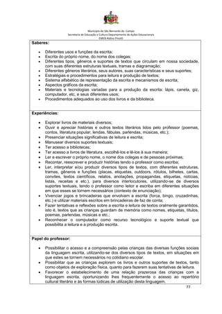 Município de São Bernardo do Campo
Secretaria de Educação e Cultura Departamento de Ações Educacionais
EMEB Aldino Pinotti
77
Saberes:
• Diferentes usos e funções da escrita;
• Escrita do próprio nome, do nome dos colegas;
• Diferentes tipos, gêneros e suportes de textos que circulam em nossa sociedade,
com suas diferentes estruturas textuais, tramas e diagramação;
• Diferentes gêneros literários, seus autores, suas características e seus suportes;
• Estratégias e procedimentos para leitura e produção de textos;
• Sistema alfabético de representação da escrita e mecanismos de escrita;
• Aspectos gráficos da escrita;
• Materiais e tecnologias variadas para a produção da escrita: lápis, caneta, giz,
computador, etc, e seus diferentes usos;
• Procedimentos adequados ao uso dos livros e da biblioteca.
Experiências:
• Explorar livros de materiais diversos;
• Ouvir e apreciar histórias e outros textos literários lidos pelo professor (poemas,
contos, literatura popular, lendas, fábulas. parlendas, músicas, etc.);
• Presenciar situações significativas de leitura e escrita;
• Manusear diversos suportes textuais;
• Ter acesso a bibliotecas;
• Ter acesso a livros de literatura, escolhê-los e lê-los à sua maneira;
• Ler e escrever o próprio nome, o nome dos colegas e de pessoas próximas;
• Recontar, reescrever e produzir histórias tendo o professor como escriba;
• Ler, interpretar e/ou produzir diversos tipos de textos, com diferentes estruturas,
tramas, gêneros e funções (placas, etiquetas, outdoors, rótulos, bilhetes, cartas,
convites, textos científicos, relatos, anotações, propagandas, etiquetas, notícias,
listas, receitas e etc.), para diversos interlocutores, utilizando-se de diversos
suportes textuais, tendo o professor como leitor e escriba em diferentes situações
em que esses se tornem necessários (contexto de enunciação);
• Vivenciar jogos e brincadeiras que envolvam a escrita (forca, bingo, cruzadinhas,
etc.) e utilizar materiais escritos em brincadeiras de faz de conta;
• Fazer tentativas e reflexões sobre a escrita e leitura de textos oralmente garantidos,
isto é, textos que as crianças guardam de memória como nomes, etiquetas, títulos,
poemas, parlendas, músicas e etc.;
• Reconhecer o computador como recurso tecnológico e suporte textual que
possibilita a leitura e a produção escrita.
Papel do professor:
• Possibilitar o acesso e a compreensão pelas crianças das diversas funções sociais
da linguagem escrita, utilizando-se dos diversos tipos de textos, em situações em
que estes se tornem necessários no cotidiano escolar.
• Possibilitar que as crianças explorem os livros e outros suportes de textos, tanto
como objetos de exploração física, quanto para fazerem suas tentativas de leitura.
• Favorecer o estabelecimento de uma relação prazerosa das crianças com a
linguagem escrita, oportunizando lhes frequentemente o acesso ao repertório
cultural literário e às formas lúdicas de utilização desta linguagem.
 