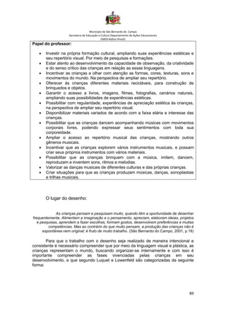 Município de São Bernardo do Campo
Secretaria de Educação e Cultura Departamento de Ações Educacionais
EMEB Aldino Pinotti
89
Papel do professor:
• Investir na própria formação cultural, ampliando suas experiências estéticas e
seu repertório visual. Por meio de pesquisas e formações.
• Estar atento ao desenvolvimento da capacidade de observação, da criatividade
e do senso crítico das crianças em relação as essas linguagens.
• Incentivar as crianças a olhar com atenção as formas, cores, texturas, sons e
movimentos do mundo. Na perspectiva de ampliar seu repertório.
• Oferecer às crianças diferentes materiais recicláveis, para construção de
brinquedos e objetos.
• Garantir o acesso a livros, imagens, filmes, fotografias, cenários naturais,
ampliando suas possibilidades de experiências estéticas.
• Possibilitar com regularidade, experiências de apreciação estética às crianças,
na perspectiva de ampliar seu repertório visual.
• Disponibilizar materiais variados de acordo com a faixa etária e interesse das
crianças.
• Possibilitar que as crianças dancem acompanhando músicas com movimentos
corporais livres, podendo expressar seus sentimentos com toda sua
corporeidade.
• Ampliar o acesso ao repertório musical das crianças, mostrando outros
gêneros musicais.
• Incentivar que as crianças explorem vários instrumentos musicais, e possam
criar seus próprios instrumentos com vários materiais.
• Possibilitar que as crianças brinquem com a música, imitem, dancem,
reproduzam e inventem sons, ritmos e melodias.
• Valorizar as danças musicais de diferentes culturas e das próprias crianças.
• Criar situações para que as crianças produzam músicas, danças, sonoplastias
e trilhas musicais.
O lugar do desenho:
As crianças pensam e pesquisam muito, quando têm a oportunidade de desenhar
frequentemente. Alimentam a imaginação e o pensamento, apreciam, elaboram ideias, projetos
e pesquisas, aprendem a fazer escolhas, formam gostos, desenvolvem preferências e muitas
competências. Mas ao contrário do que muito pensam, a produção das crianças não é
espontânea nem original; é fruto de muito trabalho. (São Bernardo do Campo, 2001, p.16)
Para que o trabalho com o desenho seja realizado de maneira intencional e
consistente é necessário compreender que por meio da linguagem visual e plástica, as
crianças representam o mundo, buscando organizar-se internamente e com isso é
importante compreender as fases vivenciadas pelas crianças em seu
desenvolvimento, e que segundo Luquet e Lowenfeld são categorizadas da seguinte
forma:
 