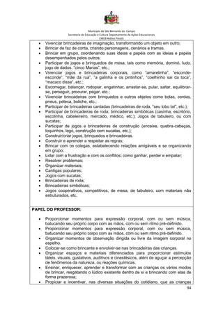 Município de São Bernardo do Campo
Secretaria de Educação e Cultura Departamento de Ações Educacionais
EMEB Aldino Pinotti
94
• Vivenciar brincadeiras de imaginação, transformando um objeto em outro;
• Brincar de faz de conta, criando personagens, cenários e tramas.
• Brincar em grupo, coordenando suas ideias e papéis com as ideias e papéis
desempenhados pelos outros;
• Participar de jogos e brinquedos de mesa, tais como memória, dominó, ludo,
jogo de dados. “cinco Marias”, etc.;
• Vivenciar jogos e brincadeiras corporais, como “amarelinha”, “esconde-
esconde”, “mãe da rua”, “a galinha e os pintinhos”, “coelhinho sai da toca”,
“macaco disse”, etc.;
• Escorregar, balançar, rodopiar, engatinhar, arrastar-se, pular, saltar, equilibrar-
se, perseguir, procurar, pegar, etc.;
• Vivenciar brincadeiras com brinquedos e outros objetos como bolas, cordas,
pneus, peteca, boliche, etc.;
• Participar de brincadeiras cantadas (brincadeiras de roda, “seu lobo taí”, etc.);
• Participar de brincadeiras de roda; brincadeiras simbólicas (casinha, escritório,
escolinha, cabeleireiro, mercado, médico, etc.); Jogos de tabuleiro, ou com
sucatas;
• Participar de jogos e brincadeiras de construção (encaixe, quebra-cabeças,
toquinhos, lego, construção com sucatas, etc.);
• Construir/criar jogos, brinquedos e brincadeiras.
• Construir e aprender a respeitar as regras;
• Brincar com os colegas, estabelecendo relações amigáveis e se organizando
em grupo;
• Lidar com a frustração e com os conflitos; como ganhar, perder e empatar;
• Resolver problemas;
• Organizar materiais;
• Cantigas populares;
• Jogos com sucatas;
• Brincadeiras de roda;
• Brincadeiras simbólicas;
• Jogos cooperativos, competitivos, de mesa, de tabuleiro, com materiais não
estruturados, etc.
PAPEL DO PROFESSOR:
• Proporcionar momentos para expressão corporal, com ou sem música,
batucando seu próprio corpo com as mãos, com ou sem ritmo pré-definido.
• Proporcionar momentos para expressão corporal, com ou sem música,
batucando seu próprio corpo com as mãos, com ou sem ritmo pré-definido.
• Organizar momentos de observação dirigida ou livre da imagem corporal no
espelho.
• Colocar-se como brincante e envolver-se nas brincadeiras das crianças.
• Organizar espaços e materiais diferenciados para proporcionar estímulos
táteis, visuais, gustativos, auditivos e cinestésicos, além de aguçar a percepção
de fenômenos da natureza, ou reações químicas.
• Ensinar, enriquecer, aprender e transformar com as crianças os vários modos
de brincar, resgatando o lúdico existente dentro de si e brincando com elas de
forma prazerosa;
• Propiciar e incentivar, nas diversas situações do cotidiano, que as crianças
 