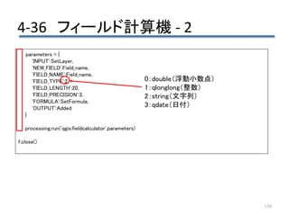 4-36 フィールド計算機 - 2
130
parameters = {
'INPUT':SetLayer,
'NEW_FIELD':Field_name,
'FIELD_NAME':Field_name,
'FIELD_TYPE':2,
'FIELD_LENGTH':20,
'FIELD_PRECISION':3,
'FORMULA':SetFormula,
'OUTPUT':Added
}
processing.run('qgis:fieldcalculator',parameters)
f.close()
0：double（浮動小数点）
1：qlonglong（整数）
2：string（文字列）
3：qdate（日付）
 
