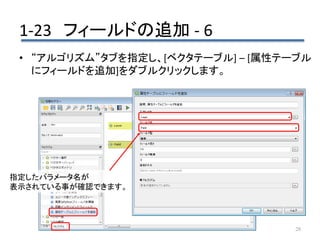 1-23 フィールドの追加 - 6
28
• “アルゴリズム”タブを指定し、[ベクタテーブル] – [属性テーブル
にフィールドを追加]をダブルクリックします。
指定したパラメータ名が
表示されている事が確認できます。
 
