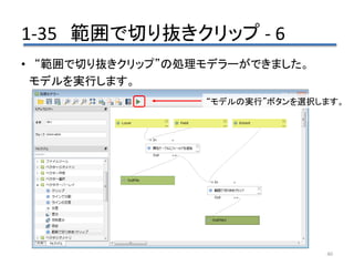1-35 範囲で切り抜きクリップ - 6
40
• “範囲で切り抜きクリップ”の処理モデラーができました。
モデルを実行します。
“モデルの実行”ボタンを選択します。
 