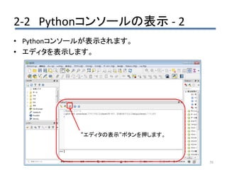 2-2 Pythonコンソールの表示 - 2
58
• Pythonコンソールが表示されます。
• エディタを表示します。
“エディタの表示“ボタンを押します。
 
