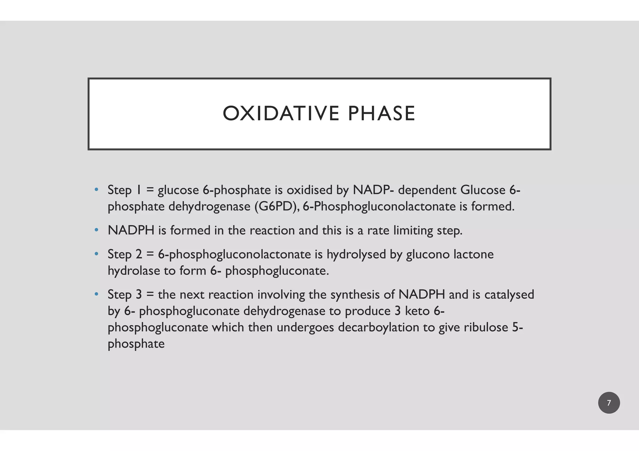 OXIDATIVE PHASE
• Step 1 = glucose 6-phosphate is oxidised by NADP
phosphate dehydrogenase (G6PD), 6-Phosphogluconolactonate is formed.
• NADPH is formed in the reaction and this is a rate limiting step.• NADPH is formed in the reaction and this is a rate limiting step.
• Step 2 = 6-phosphogluconolactonate is hydrolysed by
hydrolase to form 6- phosphogluconate
• Step 3 = the next reaction involving the synthesis of NADPH and is catalysed
by 6- phosphogluconate dehydrogenase to produce 3 keto 6
phosphogluconate which then undergoes
phosphate
OXIDATIVE PHASE
phosphate is oxidised by NADP- dependent Glucose 6-
Phosphogluconolactonate is formed.
NADPH is formed in the reaction and this is a rate limiting step.NADPH is formed in the reaction and this is a rate limiting step.
phosphogluconolactonate is hydrolysed by glucono lactone
phosphogluconate.
Step 3 = the next reaction involving the synthesis of NADPH and is catalysed
dehydrogenase to produce 3 keto 6-
which then undergoes decarboylation to give ribulose 5-
7
 