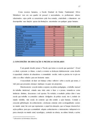17
Como recursos humanos, a Escola Estadual de Ensino Fundamental Silvio
Micheluzzi tem em seu quadro de pessoal e necessidades, os profissionais abaixo
relacionados cujos perfis se caracterizam pela boa vontade, criatividade e dinamismo em
desempenhar suas funções apesar das limitações encontradas em qualquer grupo humano.
ESPECIFICAÇÃO QUANTIDADE NECESSIDADE
Diretora 01 ---------------------------
Vice Diretora 01 ---------------------------
Secretário 01 ----------------------------
Auxiliar de Secretaria 02 ----------------------------
Supervisão 01
Orientador Educacional 01 ----------------------------
Professores em sala de aula 11 -----------------------------
Responsável pela biblioteca 02 -----------------------------
Responsável pelo LIE5 01
Inspetor de alunos 02 -----------------------------
Merendeiras 03 01
Zeladores 03 01
Cuidador 01 01
2. CONCEPÇÕES DE EDUCAÇÃO E PRÁTICAS ESCOLARES
É um grande desafio pensar a “Escola que temos e a escola que queremos”. O real
e o ideal, o presente e o futuro, o atual e o remoto se deslocam dialeticamente como desafio
à capacidade criadora de educadores e comunidade escolar, onde se precisa ter os pés no
chão e os olhos voltados para um horizonte maior.
A necessidade de fazer um balanço crítico reflexivo sobre a escola que temos, é
vital para que possamos alcançar mudanças às quais nos propomos.
Historicamente a escola tendeu a separar, na prática pedagógica, o trabalho manual
do trabalho intelectual, criando uma visão entre o fazer e o pensar, tomando-as como
instâncias distintas, desconexas e até opostas. Na verdade, o resultado prático disto é uma
escola que trabalha os conteúdos culturais desligados da prática social, isto é, isolado do
mundo trabalho, vida social, do contexto que dão sentido a ação humana. Contudo a
crescente globalização do conhecimento e da lacuna existente entre as desigualdades sociais
no mundo atual, faz com que repensemos o papel da educação, que se busque desenvolver
ações políticas para que a comunidade adquira conhecimentos e instrumentos indispensáveis
para a inserção no mundo atual, tecnológico, centrado na ciência, na cultura letrada, e acima
5 Laboratório de Informática Educativa
 
