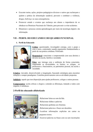  Executar metas, ações, projetos pedagógicos diversos e outros que esclareçam e ajudem a prática da alimentação saudável, prevenir e combater a violência, drogas, bullying e as suas consequências. 
 Promover estudo e eventos que esclareça aos alunos a importância de se obedecer as Diretrizes Nacionais do Trânsito, para prevenir e evitar acidentes. 
 Dinamizar o processo ensino-aprendizagem por meio da tecnologia digital e da informação. 
VII – PERFIL DO EDUCANDO E DO QUADRO FUNCIONAL 
1. Perfil do Educando 
Crítico: questionador, investigador consigo, com o grupo e com o meio, contestador usando argumentos fundamentados a partir de sua pratica cotidiana. Politizado. 
Responsável: consciente e comprometido com seus direitos e deveres na escola, família e sociedade. 
Ético: que interage com o ambiente de forma consciente, respeitando as diversidades, os limites, os colegas, os professores e funcionários, ao patrimônio pessoal, da escola e sociedade. 
Criativo: inovador, desenvolvendo a imaginação, buscando estratégias para encontrar soluções e romper paradigmas. Contribui positivamente com as atividades propostas. 
Solidário: aquele que tem disposição para ajudar professores, colegas e outras pessoas. 
Compreensivo: aceita críticas e elogios e entende as diferenças, tratando a todos com respeito, é carinhoso. 
2-Perfil do educando alfabetizado 
-Relacionar letras ao som da fala. 
-Relacionar sílabas e palavras 
-Relacionar grafemas aos fonemas. 
-Relacionar palavras e frases aos desenhos. 
-Localizar informações explícitas em cartaz ou pequenos textos. 
-Escrever palavras ou frases com ou sem incorreções  