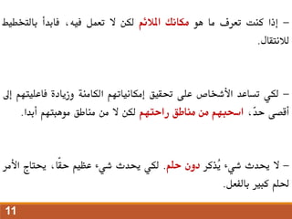 -
‫إذا‬
‫كنت‬
‫تعرف‬
‫ما‬
‫هو‬
‫مكانك‬
‫املالئم‬
‫لكن‬
‫ال‬
‫تعمل‬
،‫فيه‬
‫فابدأ‬
‫بالتخ‬
‫طيط‬
‫لالنتقال‬
.
-
‫لكي‬
‫تساعد‬
‫األشخاص‬
‫على‬
‫حتقيق‬
‫إمكانياتهم‬
‫الكامنة‬
‫وزيادة‬
‫فاعلي‬
‫تهم‬
‫إىل‬
‫أقصى‬
،ّ
‫د‬‫ح‬
‫اسحبهم‬
‫من‬
‫مناطق‬
‫راحتهم‬
‫لكن‬
‫ال‬
‫من‬
‫مناطق‬
‫موهبتهم‬
‫أبدا‬
.
-
‫ال‬
‫حيدث‬
‫شيء‬
‫ُذكر‬
‫ي‬
‫دون‬
‫حلم‬
.
‫لكي‬
‫حيدث‬
‫شيء‬
‫عظيم‬
،‫ّا‬‫ق‬‫ح‬
‫حيتاج‬
‫األ‬
‫مر‬
‫حللم‬
‫كبري‬
‫بالفعل‬
.
11
 