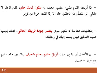 -
‫إذا‬
‫أردت‬
‫القيام‬
‫بشيء‬
،‫عظيم‬
‫جيب‬
‫أن‬
‫يكون‬
‫لديك‬
‫حلم‬
،
‫لكن‬
‫احللم‬
‫ال‬
‫يكفي‬
.
‫لن‬
‫ّن‬‫ك‬‫تتم‬
‫من‬
‫حتقيق‬
‫حلم‬
‫إال‬
‫إذا‬
‫كنت‬
‫جزءا‬
‫من‬
‫فريق‬
.
-
‫إمكانياتك‬
‫الكامنة‬
‫ال‬
‫تكون‬
‫سوى‬
‫بنفس‬
‫جودة‬
‫فريقك‬
‫احلالي‬
،
‫لذلك‬
‫جيب‬
‫عليك‬
‫التدقيق‬
‫فيمن‬
‫ينضم‬
‫إليك‬
‫يف‬
‫رحلتك‬
.
-
‫من‬
‫األفضل‬
‫أن‬
‫يكون‬
‫لديك‬
‫فريق‬
‫عظيم‬
‫حبلم‬
‫ضعيف‬
‫بدال‬
‫من‬
‫حلم‬
‫عظ‬
‫يم‬
‫مع‬
‫فريق‬
‫ضعيف‬
.
12
 