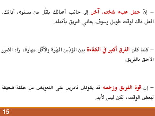 -
ّ
‫ن‬‫إ‬
‫محل‬
‫عبء‬
‫شخص‬
‫آخر‬
‫إىل‬
‫جانب‬
‫أعبائك‬
‫ّل‬‫ل‬‫يق‬
‫من‬
‫مستوى‬
‫أدائك‬
.
‫افعل‬
‫ذلك‬
‫لوقت‬
‫طويل‬
‫وسوف‬
‫يعاني‬
‫الفريق‬
‫بأكمله‬
.
-
‫كلما‬
‫كان‬
‫الفرق‬
‫أكرب‬
‫يف‬
‫الكفاءة‬
‫بني‬
‫ّين‬
‫د‬‫املؤ‬
‫َرة‬
‫ه‬‫امل‬
‫واألقل‬
،‫مهارة‬
‫ز‬
‫اد‬
‫الضرر‬
‫االحق‬
‫بالفريق‬
.
-
‫إن‬
‫قوة‬
‫الفريق‬
‫وزمخه‬
‫قد‬
‫يكونان‬
‫قادرين‬
‫على‬
‫التعويض‬
‫عن‬
‫حلقة‬
‫ضعي‬
‫فة‬
‫لبعض‬
،‫الوقت‬
‫لكن‬
‫ليس‬
‫ألبد‬
.
15
 