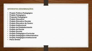 DIFERENTES DENOMINAÇÕES:
• Projeto Político-Pedagógico
• Projeto Pedagógico
• Proposta Pedagógica
• Projeto Educativo
• Projeto Educativo Escolar
• Projeto Educativo de Centro
• Projeto Institucional
• Projeto de Estabelecimento
• Projeto de Escola
• Projeto Escolar
• Projeto Pedagógico-Curricular
• Projeto Pedagógico Administrativo
• Projeto Pedagógico-Institucional
• Plano Diretor
 