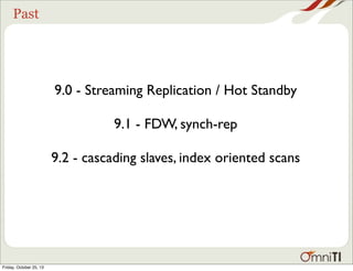Past

9.0 - Streaming Replication / Hot Standby
9.1 - FDW, synch-rep
9.2 - cascading slaves, index oriented scans

Friday, October 25, 13

 