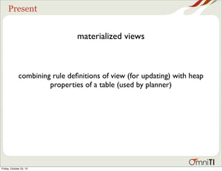 Present

materialized views

combining rule deﬁnitions of view (for updating) with heap
properties of a table (used by planner)

Friday, October 25, 13

 