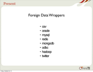 Present

Foreign Data Wrappers
•
•
•
•
•
•
•
•

Friday, October 25, 13

csv
oracle
mysql
redis
mongodb
odbc
hadoop
twitter

 