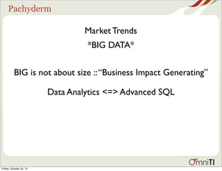 Pachyderm

Market Trends
*BIG DATA*
BIG is not about size :: “Business Impact Generating”
Data Analytics <=> Advanced SQL

Friday, October 25, 13

 