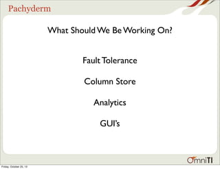 Pachyderm

What Should We Be Working On?
Fault Tolerance
Column Store
Analytics
GUI’s

Friday, October 25, 13

 