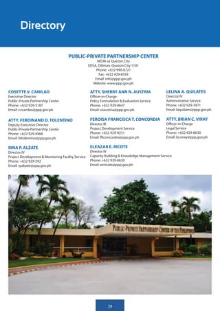 Directory

                                      PUBLIC-PRIVATE PARTNERSHIP CENTER
                                                         NEDA sa Quezon City
                                                    EDSA, Diliman, Quezon City 1101
                                                        Phone: +632 990-0721
                                                          Fax: +632 929-8593
                                                       Email: info@ppp.gov.ph
                                                      Website: www.ppp.gov.ph

COSETTE V. CANILAO                                   ATTY. SHERRY ANN N. AUSTRIA                 LELINA A. QUILATES
Executive Director                                   Officer-in-Charge                           Director IV
Public-Private Partnership Center                    Policy Formulation & Evaluation Service     Administrative Service
Phone: +632 929-5187                                 Phone: +632 929-0647                        Phone: +632 929-3971
Email: cvcanilao@ppp.gov.ph                          Email: snaustria@ppp.gov.ph                 Email: laquilates@ppp.gov.ph

ATTY. FERDINAND D. TOLENTINO                         FEROISA FRANCISCA T. CONCORDIA              ATTY. BRIAN C. VIRAY
Deputy Executive Director                            Director III                                Officer-in-Charge
Public-Private Partnership Center                    Project Development Service                 Legal Service
Phone: +632 929-4968                                 Phone: +632 929-9251                        Phone: +632 929-8630
Email: fdtolentino@ppp.gov.ph                        Email: fftconcordia@ppp.gov.ph              Email: bcviray@ppp.gov.ph

RINA P. ALZATE                                       ELEAZAR E. RICOTE
Director IV                                          Director IV
Project Development & Monitoring Facility Service    Capacity Building & Knowledge Management Service
Phone: +632 929-592                                  Phone: +632 929-8630
Email: rpalzate@ppp.gov.ph                           Email: eericote@ppp.gov.ph




                                                                29
 