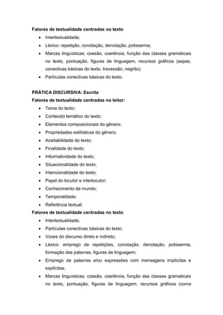 Fatores de textualidade centradas no texto
 Intertextualidade;
 Léxico: repetição, conotação, denotação, polissemia;
 Marcas linguísticas: coesão, coerência, função das classes gramaticais
no texto, pontuação, figuras de linguagem, recursos gráficos (aspas,
conectivas básicas do texto. travessão, negrito);
 Partículas conectivas básicas do texto.
PRÁTICA DISCURSIVA: Escrita
Fatores de textualidade centradas no leitor:
 Tema do texto;
 Conteúdo temático do texto;
 Elementos composicionais do gênero;
 Propriedades estilísticas do gênero;
 Aceitabilidade do texto;
 Finalidade do texto;
 Informatividade do texto;
 Situacionalidade do texto;
 Intencionalidade do texto;
 Papel do locutor e interlocutor;
 Conhecimento de mundo;
 Temporalidade;
 Referência textual.
Fatores de textualidade centradas no texto
 Intertextualidade;
 Partículas conectivas básicas do texto;
 Vozes do discurso direto e indireto;
 Léxico: emprego de repetições, conotação, denotação, polissemia,
formação das palavras, figuras de linguagem;
 Emprego de palavras e/ou expressões com mensagens implícitas e
explícitas;
 Marcas linguísticas; coesão, coerência, função das classes gramaticais
no texto, pontuação, figuras de linguagem, recursos gráficos (como
 