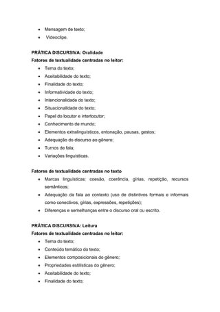 Mensagem de texto;
 Videoclipe.
PRÁTICA DISCURSIVA: Oralidade
Fatores de textualidade centradas no leitor:
 Tema do texto;
 Aceitabilidade do texto;
 Finalidade do texto;
 Informatividade do texto;
 Intencionalidade do texto;
 Situacionalidade do texto;
 Papel do locutor e interlocutor;
 Conhecimento de mundo;
 Elementos extralinguísticos, entonação, pausas, gestos;
 Adequação do discurso ao gênero;
 Turnos de fala;
 Variações linguísticas.
Fatores de textualidade centradas no texto
 Marcas linguísticas: coesão, coerência, gírias, repetição, recursos
semânticos;
 Adequação da fala ao contexto (uso de distintivos formais e informais
como conectivos, gírias, expressões, repetições);
 Diferenças e semelhanças entre o discurso oral ou escrito.
PRÁTICA DISCURSIVA: Leitura
Fatores de textualidade centradas no leitor:
 Tema do texto;
 Conteúdo temático do texto;
 Elementos composicionais do gênero;
 Propriedades estilísticas do gênero;
 Aceitabilidade do texto;
 Finalidade do texto;
 
