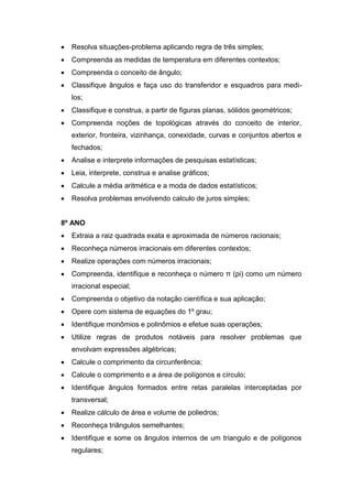  Resolva situações-problema aplicando regra de três simples;
 Compreenda as medidas de temperatura em diferentes contextos;
 Compreenda o conceito de ângulo;
 Classifique ângulos e faça uso do transferidor e esquadros para medi-
los;
 Classifique e construa, a partir de figuras planas, sólidos geométricos;
 Compreenda noções de topológicas através do conceito de interior,
exterior, fronteira, vizinhança, conexidade, curvas e conjuntos abertos e
fechados;
 Analise e interprete informações de pesquisas estatísticas;
 Leia, interprete, construa e analise gráficos;
 Calcule a média aritmética e a moda de dados estatísticos;
 Resolva problemas envolvendo calculo de juros simples;
8º ANO
 Extraia a raiz quadrada exata e aproximada de números racionais;
 Reconheça números irracionais em diferentes contextos;
 Realize operações com números irracionais;
 Compreenda, identifique e reconheça o número π (pi) como um número
irracional especial;
 Compreenda o objetivo da notação científica e sua aplicação;
 Opere com sistema de equações do 1º grau;
 Identifique monômios e polinômios e efetue suas operações;
 Utilize regras de produtos notáveis para resolver problemas que
envolvam expressões algébricas;
 Calcule o comprimento da circunferência;
 Calcule o comprimento e a área de polígonos e círculo;
 Identifique ângulos formados entre retas paralelas interceptadas por
transversal;
 Realize cálculo de área e volume de poliedros;
 Reconheça triângulos semelhantes;
 Identifique e some os ângulos internos de um triangulo e de polígonos
regulares;
 