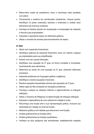  Desenvolva noção de paralelismo, trace e reconheça retas paralelas
num plano;
 Compreenda o sistema de coordenadas cartesianas, marque pontos,
identifique os pares ordenados (abcissa e ordenada) e analise seus
elementos sob diversos contextos;
 Conheça os fractais através da visualização e manipulação de materiais
e discuta suas propriedades;
 Interprete e represente dados em diferentes gráficos;
 Utilize o conceito de amostra para levantamento de dados;
9º ANO
 Opere com expoentes fracionários;
 Identifique potência de expoente fracionário como um radical e aplique
as propriedades para sua simplificação;
 Extraia uma raiz usando fatoração;
 Identifique uma equação do 2º grau na forma completa e incompleta,
reconhecendo seus elementos;
 Determine as raízes de uma equação do 2º grau utilizando diferentes
processos;
 Interprete problemas em linguagem gráfica e algébrica;
 Identifique e resolva equações irracionais;
 Resolva equações biquadradas através das equações do 2º grau;
 Utilize regra de três composta em situações problemas;
 Conheça e aplique as relações métricas e trigonométricas no triângulo
retângulo;
 Utilize o Teorema de Pitágoras na determinação de triângulo retângulo;
 Expresse a dependência de uma variável em relação à outra;
 Reconheça uma função afim e sua representação gráfica, inclusive sua
declividade em relação ao sinal da função;
 Relacione gráficos com tabelas que descrevem uma função;
 Analise graficamente as funções afins;
 Analise graficamente as funções quadráticas;
 Verifique se dois polígonos são semelhantes, estabelecendo relações
 