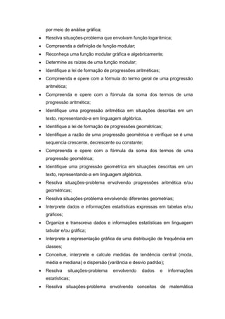 por meio de análise gráfica;
 Resolva situações-problema que envolvam função logarítmica;
 Compreenda a definição de função modular;
 Reconheça uma função modular gráfica e algebricamente;
 Determine as raízes de uma função modular;
 Identifique a lei de formação de progressões aritméticas;
 Compreenda e opere com a fórmula do termo geral de uma progressão
aritmética;
 Compreenda e opere com a fórmula da soma dos termos de uma
progressão aritmética;
 Identifique uma progressão aritmética em situações descritas em um
texto, representando-a em linguagem algébrica.
 Identifique a lei de formação de progressões geométricas;
 Identifique a razão de uma progressão geométrica e verifique se é uma
sequencia crescente, decrescente ou constante;
 Compreenda e opere com a fórmula da soma dos termos de uma
progressão geométrica;
 Identifique uma progressão geométrica em situações descritas em um
texto, representando-a em linguagem algébrica.
 Resolva situações-problema envolvendo progressões aritmética e/ou
geométricas;
 Resolva situações-problema envolvendo diferentes geometrias;
 Interprete dados e informações estatísticas expressas em tabelas e/ou
gráficos;
 Organize e transcreva dados e informações estatísticas em linguagem
tabular e/ou gráfica;
 Interprete a representação gráfica de uma distribuição de frequência em
classes;
 Conceitue, interprete e calcule medidas de tendência central (moda,
média e mediana) e dispersão (variância e desvio padrão);
 Resolva situações-problema envolvendo dados e informações
estatísticas;
 Resolva situações-problema envolvendo conceitos de matemática
 