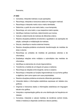 financeira;
2ª ANO
 Conceitue, interprete matrizes e suas operações;
 Reconheça, interprete e transcreva dados em linguagem matricial;
 Reconheça e interprete matriz nula e matriz identidade;
 Determine, a partir de uma matriz dada, a sua transposta;
 Reconheça, em uma matriz, a sua respectiva matriz oposta;
 Identifique matrizes invertíveis, determinando sua inversa;
 Calcule o determinante de matrizes de diferentes ordens;
 Resolva situações-problema envolvendo a igualdade e as operações de
adição, subtração e multiplicação de matrizes;
 Discuta, classifique e resolva sistemas lineares;
 Resolva situações-problema envolvendo transformação de medidas de
área e volume;
 Reconheça as unidades de medidas de grandezas vetoriais e de
informática;
 Estabeleça relações entre múltiplos e submúltiplos das medidas de
informática;
 Identifique os elementos do círculo trigonométrico;
 Transforme a medida de um ângulo em graus e radianos;
 Reconheça as relações entre tangente, senos e cosseno;
 Reconheça e interprete as funções trigonométricas na sua forma gráfica
e algébrica, bem como opere com suas propriedades;
 Resolva situações-problema envolvendo diferentes geometrias;
 Interprete dados e informações estatísticas expressas em tabelas e/ou
gráficos;
 Organize e transcreva dados e informações estatísticas em linguagem
tabular e/ou gráfica;
 Interprete a representação gráfica de uma distribuição de frequência em
classes;
 Conceitue, interprete e calcule medidas de tendência central (moda,
média e mediana) e dispersão (variância e desvio padrão).
 