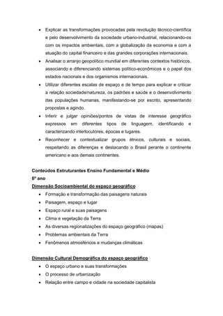  Explicar as transformações provocadas pela revolução técnico-científica
e pelo desenvolvimento da sociedade urbano-industrial, relacionando-os
com os impactos ambientais, com a globalização da economia e com a
atuação do capital financeiro e das grandes corporações internacionais.
 Analisar o arranjo geopolítico mundial em diferentes contextos históricos,
associando e diferenciando sistemas político-econômicos e o papel dos
estados nacionais e dos organismos internacionais.
 Utilizar diferentes escalas de espaço e de tempo para explicar e criticar
a relação sociedade/natureza, os padrões e saúde e o desenvolvimento
das populações humanas, manifestando-se por escrito, apresentando
propostas e agindo.
 Inferir e julgar opiniões/pontos de vistas de interesse geográfico
expressos em diferentes tipos de linguagem, identificando e
caracterizando interlocutores, épocas e lugares.
 Reconhecer e contextualizar grupos étnicos, culturais e sociais,
respeitando as diferenças e destacando o Brasil perante o continente
americano e aos demais continentes.
Conteúdos Estruturantes Ensino Fundamental e Médio
6º ano
Dimensão Socioambiental do espaço geográfico
 Formação e transformação das paisagens naturais
 Paisagem, espaço e lugar
 Espaço rural e suas paisagens
 Clima e vegetação da Terra
 As diversas regionalizações do espaço geográfico (mapas)
 Problemas ambientais da Terra
 Fenômenos atmosféricos e mudanças climáticas
Dimensão Cultural Demográfica do espaço geográfico
 O espaço urbano e suas transformações
 O processo de urbanização
 Relação entre campo e cidade na sociedade capitalista
 