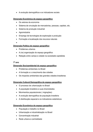  A evolução demográfica e os indicadores sociais
Dimensão Econômica do espaço geográfico
 Os setores da economia
 Sistema de circulação de mercadorias, pessoas, capitais, etc.
 Sistema de produção industrial
 Agroindústria
 Emprego de tecnologias de exploração e produção
 Formação e localização dos recursos naturais

Dimensão Política do espaço geográfico
 Problemas urbanos
 A (re) organização do espaço geográfico
 Relação entre campo e cidade na sociedade capitalista
7º ano
Dimensão Socioambiental do espaço geográfico
 Problemas ambientais no Brasil
 A formação e o crescimento das cidades
 Os impactos ambientais das grandes cidades brasileiras
Dimensão Cultural Demográfica do espaço geográfico
 O processo de urbanização no Brasil
 A população brasileira e suas diversidades
 Movimentos populacionais ( migrações)
 A evolução demográfica da população brasileira
 A distribuição espacial e os indicadores estatísticos
Dimensão Econômica do espaço geográfico
 População e trabalho no Brasil
 Urbanização e industrialização no Brasil
 Concentração industrial
 Rede urbana e centralidade
 
