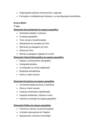  Organizações políticas internacionais e regionais
 Formação e mobilidade das fronteiras, e a reconfiguração de territórios
Ensino Médio
1º ano
Dimensão Socioambiental do espaço geográfico
 Sociedade trabalho e natureza
 O espaço geográfico
 Terra, tempo e transformações
 Descobrindo as camadas da Terra
 Recriando as paisagens da Terra
 Climas da Terra
 Biomas e paisagens vegetais do mundo
Dimensão Cultural Demográfica do espaço geográfico
 Espaço e conhecimento cartográfico
 Cartografia temática
 A cartografia no mundo digitalizado
 Mudanças atmosféricas
 Clima e o fator humano
Dimensão Econômica do espaço geográfico
 As transformações técnicas e científicas
 Clima e o fator humano
 Impactos ambientais e globalização
 Impactos ambientais, urbanos e rurais
 Indústria e produção do espaço geográfico
Dimensão Política do espaço geográfico
 Comércio e serviço na economia global
 A divisão Internacional do Trabalho
 Agropecuária, natureza e tecnologia
 