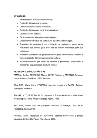 AVALIAÇÃO:
Será realizada a avaliação através de:
 Produção de texto oral e escrito;
 Dramatização dos textos propostos;
 Contação de história a partir dos textos lidos;
 Declamação de poesias;
 Participação das atividades desenvolvidas;
 Crescimento individual de cada aluno a partir da observação.
 Trabalhos de pesquisa (com orientação do professor) sobre temas
relevantes aos alunos, para que eles se sintam motivados para sua
realização;
 Trabalhos com textos de gêneros diversos para apresentação, debates e
contextualização dos temas presentes no texto.
 Acompanhamento, por meio de estudos e pesquisas, observando e
analisando os progressos do aluno incluso.
REFERÊNCIAS BIBLIOGRÁFICAS
AMARAL Emília, FERREIRA Mauro, LEITE Ricardo e ANTONIO Severino.
Novas Palavras.São Paulo.FTD. Palavras.
ABAURRE, Maria Luiza, PONTARA, Marcela Nogueira e FADEL, Tatiana.
Português. Moderna.
AGUIAR, V. T.; BORDINI, M. G. Literatura e Formação do leitor: alternativas
metodológicas. Porto Alegre: Mercado Aberto, 1993.
ANTUNES, Irandé. Aula de português: encontro & interação. São Paulo:
Parábola,Editorial, 2003.
FREIRE, Paulo. Pedagogia da autonomia: Saberes necessários à prática
educativa. 28 Ed. São Paulo: Paz e Terra, 2003.
 