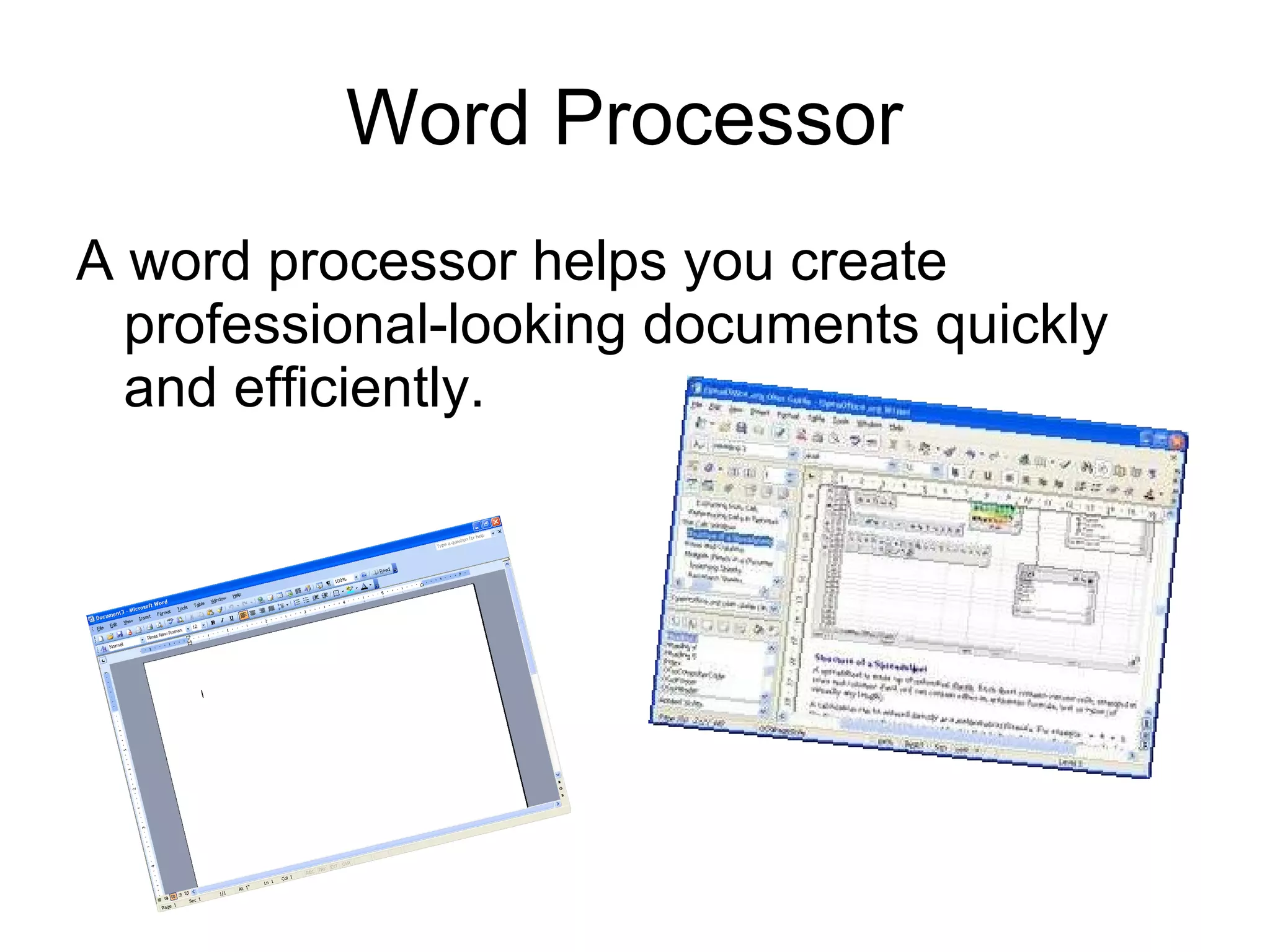 Word Processor  A word processor helps you create professional-looking documents quickly and efficiently. 