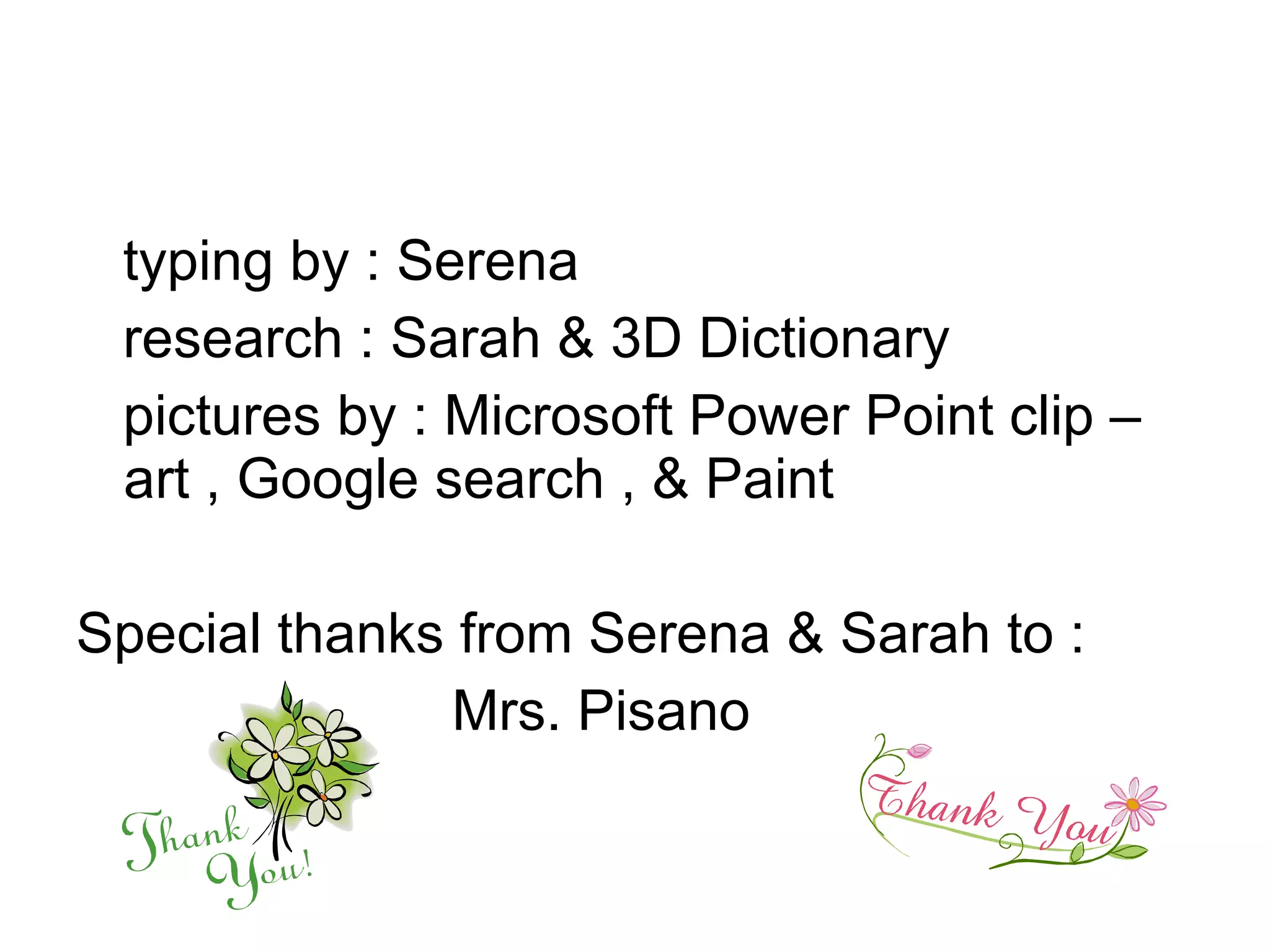typing by : Serena  research : Sarah & 3D Dictionary  pictures by : Microsoft Power Point clip –art , Google search , & Paint Special thanks from Serena & Sarah to : Mrs. Pisano 