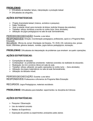 PROBLEMAS:
 Dificuldade de trabalhar leitura, interpretação e produção textual
 Dificuldades de ortografia.
AÇÕES ESTRATEGICAS:
 Projeto diversidade textual (música, acróstico e pesquisa).
 Salas Temáticas;
 Usar a estante móvel para momento de leitura (solicitar limpeza das estantes);
 Trabalhar reforço de leitura e escrita no contra turno (hora atividade);
 Utilização de jogos pedagógicos na sala de aula Semanalmente;
PERÍODODE EXECUÇÃO: Durante o ano letivo
RESPONSÁVEIS: Direção, Coordenação pedagógica, professores, apoio e o Programa Mais
Educação.
RECURSOS: Oficina de Jornal, Orientação de Estudos, TV, DVD, CD, noticiários dos jornais
locais, diferentes gêneros textuais, revistas, jogos lúdicos pedagógicos, recreação.
PROBLEMAS: Dificuldades de interpretação de problemas que envolvam as quatro operações.
AÇÕES ESTRÁTEGICAS:
 Competições de tabuada;
 Contextualizar os problemas envolvendo materiais concretos da realidade do educando;
 Realização de mini comércio (feira) em sala de aula;
 Trabalhar reforço utilizando as quatro operações no contra turno - (hora atividade);
 Utilização dos jogos matemáticos na sala de aula Semanalmente;
 Utilização da tabuada móvel;
PERÍODODE EXECUÇÃO: Durante o ano letivo
RESPONSÁVEIS: Professores e oficineiros do Programa Mais Educação
RECURSOS: Jogos Pedagógicos, materiais recicláveis
PROBLEMAS: Dificuldades para trabalhar experimentos na disciplina de Ciências
AÇÕES ESTRATÉGICAS:
 Pesquisa / Observação
 Uso de material concreto
 Relatos de Experiência
 Exposição de painéis ou experimentos produzidos pelos alunos
 