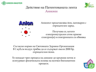 Анионът представлява йон, натоварен с отрицателен заряд. 
Получава се, когато 
електронеутрален атом приеме електрон(и) в електронната си обвивка 
Действие на Патентованата лента 
Аниони 
Съгласно норми на Световната Здравна Организация 
В 1 куб.см въздух трябва да се съдържат около 2000 бр. отрицателни йони. 
Те попадат чрез процеса на дишане до кръвния поток и осигуряват физическата основа на всички биохимични процеси.  