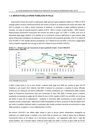 IL PARTENARIATO PUBBLICO PRIVATO IN EMILIA-ROMAGNA NEL 2014
9
1. IL MERCATO DELLE OPERE PUBBLICHE IN ITALIA
Osservando il trend del numero e dell’importo delle gare per opere pubbliche indette tra il 1995 e il 2013
emerge subito il continuo ridimensionamento del numero a fronte di un andamento più incerto del valore. Nel
2014 si assiste a un netta e chiara inversione di tendenza. La domanda di opere pubbliche riprende a
crescere, con tassi di crescita espansivi rispetto al 2013: +25% il numero di gare bandite; + 58% l’importo.
Ripercorrendo brevemente l’evoluzione del mercato dei bandi di gara, tra il 2001 e il 2003, primi anni di
operatività della legge obiettivo, si è assistito ad un incremento continuo dell’importo in gara trainato dalle
grandi infrastrutture strategiche da realizzare con lo strumento del contraente generale: circa 21,2 miliardi di
euro nel 2001 (+7,6% rispetto all’anno precedente), 23,7 miliardi di euro nel 2002 (+12%) fino a raggiungere
il picco massimo registrato sino ad oggi di oltre 33,4 miliardi di euro nel 2003 (+40,5%).
Grafico 1.1. - Bandi di gara per l'esecuzione di opere pubbliche in Italia - il trend 1995-2014
Numero indice: 1995=100
Variazione %
2014
2013
Numero +25,3% Importo +58,2%
Fonte: CRESME Europa Servizi
Il 2003 è stato l’anno in cui si sono toccati i massimi livelli degli anni 2000 per numero di gare (34.772
iniziative) e per importi (33,4 miliardi). Dal 2004 il mercato ha cominciato a mostrare le prime difficoltà,
emerse poi con chiarezza nel biennio 2006-2007, in stretta correlazione con il rallentamento delle iniziative
legate al Programma straordinario (due anni consecutivi di calo). Nel 2008 il mercato prova a ripartire,
superando nuovamente la soglia dei 30 miliardi di euro (+9,6% rispetto al 2007) ma nel 2009, con la revoca
del bando di gara per la realizzazione - mediante lo strumento della concessione di lavori pubblici ad
iniziativa privata a doppia gara - della linea D della metropolitana di Roma, avvenuta in data 26 ottobre 2012
per motivi di pubblico interesse relativi in particolare alle mutate condizioni tecniche ed economiche a base
della procedura, si registra un nuovo rallentamento (-16,4%).
Nel biennio 2010-2011 per effetto della messa in gara di alcune grandi infrastrutture strategiche da
realizzare con capitali privati, si assiste a una nuova fase di crescita con i livelli di spesa che si attestano
nuovamente intorno ai 30 miliardi, ma è nel biennio successivo, con l’aggravarsi della crisi e i tagli alla
spesa pubblica, che il mercato segna i livelli più bassi degli anni 2000. Il numero di gare crolla da 35.437
33,4 mld
28,1 mld
30,8 mld
25,8 mld
30,1 mld
22,4 mld
18,6 mld
29,4 mld
33.102
13,3 mld
34.772
25.453
24.134
18.501 16.727
15.876
14.123
17.703
0
50
100
150
200
250
300
1995
1996
1997
1998
1999
2000
2001
2002
2003
2004
2005
2006
2007
2008
2009
2010
2011
2012
2013
2014
Numeroindice1995=100
Importo Numero
 
