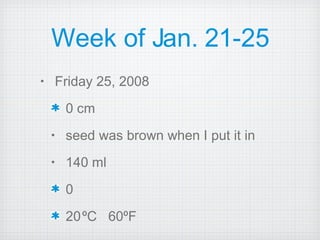 Week of Jan. 21-25 Friday 25, 2008 0 cm seed was brown when I put it in 140 ml 0 20   ºC  60ºF 