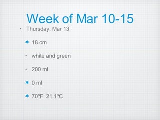 Week of Mar 10-15 Thursday, Mar 13 18 cm white and green 200 ml  0 ml 70ºF  21.1ºC 