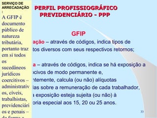 SERVIÇO DE
SERVIÇO DE
ARRECADAÇÃO
ARRECADAÇÃO
Previdência Social
::

PERFIL PROFISSIOGRÁFICO
PREVIDENCIÁRIO - PPP

A GFIP éé
A GFIP
documento
documento
público de
público de
GFIP
natureza
natureza
Movimentação – através de códigos, indica tipos de
tributária,
tributária,
portanto traz
afastamentos diversos com seus respectivos retornos;
portanto traz
em si todos
em si todos
os
os Ocorrência – através de códigos, indica se há exposição a
sucedâneos
sucedâneos
agentes nocivos de modo permanente e,
jurídicos
jurídicos
concomitantemente, calcula (ou não) alíquotas
coercitivos –
coercitivos –
administrativ
diferenciadas sobre a remuneração de cada trabalhador,
administrativ
os, conforme a exposição esteja sujeita (ou não) à
os,cíveis,
cíveis,
trabalhistas,
trabalhistas,
aposentadoria especial aos 15, 20 ou 25 anos.
previdenciári
previdenciári
33
os eepenais –
os penais –

 