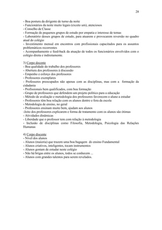 28

- Boa postura da dirigente de turno da noite
- Funcionários da noite muito legais (exceto um), atenciosos
- Conselho de Classe
- Formação de pequenos grupos de estudo por empatia e interesse de temas
- Laboratório desses grupos de estudo, para atuarem e provocarem reversão no quadro
atual do colégio
- Investimento mensal em encontros com profissionais capacitados para os assuntos
problemáticos recorrentes
- Acompanhamento e feed-back da atuação de todos os funcionários envolvidos com o
colégio direta e indiretamente.

3) Corpo docente
- Boa qualidade do trabalho dos professores
- Abertura dos professores à discussão
- Empenho e esforço dos professores
- Professores exemplares
- Professores preocupados não apenas com as disciplinas, mas com a formação da
cidadania
- Profissionais bem qualificados, com boa formação
- Grupo de professores que defendem um projeto político para a educação
- Método de avaliação e metodologia dos professores favorecem o aluno a estudar
- Professores têm boa relação com os alunos dentro e fora da escola
- Metodologia de ensino, no geral
- Professores ensinam muito bem, ajudam aos alunos
-Jeito dos professores explicarem e forma de tratamento com os alunos são ótimas
- Atividades dinâmicas
- Liberdade que o professor tem com relação à metodologia
- Inclusão de disciplinas como Filosofia, Metodologia, Psicologia das Relações
Humanas

4) Corpo discente
- Nível dos alunos
- Alunos (maioria) que trazem uma boa bagagem do ensino Fundamental
- Alunos criativos, inteligentes, tocam instrumentos
- Alunos gostam de estudar neste colégio
- Não há brigas entre os alunos, todos se conhecem ...
- Alunos com grandes talentos para serem revelados.
 