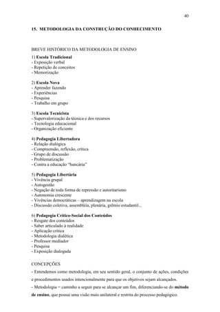 40

15. METODOLOGIA DA CONSTRUÇÃO DO CONHECIMENTO



BREVE HISTÓRICO DA METODOLOGIA DE ENSINO
1) Escola Tradicional
- Exposição verbal
- Repetição de conceitos
- Memorização

2) Escola Nova
- Aprender fazendo
- Experiências
- Pesquisa
- Trabalho em grupo

3) Escola Tecnicista
- Supervalorização da técnica e dos recursos
- Tecnologia educacional
- Organização eficiente

4) Pedagogia Libertadora
- Relação dialógica
- Compreensão, reflexão, crítica
- Grupo de discussão
- Problematização
- Contra a educação “bancária”

5) Pedagogia Libertária
- Vivência grupal
- Autogestão
- Negação de toda forma de repressão e autoritarismo
- Autonomia crescente
- Vivências democráticas – aprendizagem na escola
- Discussão coletiva, assembléia, plenária, grêmio estudantil...

6) Pedagogia Crítico-Social dos Conteúdos
- Resgate dos conteúdos
- Saber articulado à realidade
- Aplicação crítica
- Metodologia dialética
- Professor mediador
- Pesquisa
- Exposição dialogada

CONCEPÇÕES
- Entendemos como metodologia, em seu sentido geral, o conjunto de ações, condições
e procedimentos usados intencionalmente para que os objetivos sejam alcançados.
- Metodologia = caminho a seguir para se alcançar um fim, diferenciando-se do método
de ensino, que possui uma visão mais unilateral e restrita do processo pedagógico.
 