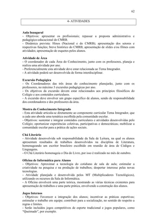 62


                                   4- ATIVIDADES


Aula Inaugural
- Objetivos: apresentar os profissionais; repassar a proposta administrativa e
pedagógico-educacional do CMRB.
- Dinâmica prevista: Hinos (Nacional e do CMRB); apresentação dos setores e
respectivas funções; breve histórico do CMRB; apresentação de slides e/ou filmes com
atividades; apresentação de esquetes pelos alunos.

Atividade de Área
- O coordenador de cada Área do Conhecimento, junto com os professores, planeja e
realiza uma atividade por ano.
- Preferencialmente esta atividade deve estar relacionada ao Tema Integrador.
- A atividade poderá ser desenvolvida de forma interdisciplinar.

Excursão Pedagógica
- Os Coordenadores das três áreas do conhecimento planejarão, junto com os
professores, no máximo 3 excursões pedagógicas por ano.
- Os objetivos da excursão devem estar relacionados aos princípios filosóficos do
Colégio e aos conteúdos curriculares.
- A excursão deve envolver um grupo específico de alunos, sendo de responsabilidade
dos coordenadores e dos professores da área.

Mostra do Conhecimento Integrado
- Esta atividade articula-se diretamente ao componente curricular Tema Integrador, que
a cada ano aborda uma temática escolhida pela comunidade escolar.
- Objetivos: sustentar e integrar conteúdos curriculares e atividades desenvolvidas pelo
Colégio; oportunizar experiências coletivas, participativas e democráticas; mobilizar a
comunidade escolar para a prática de ações sociais.

Chá Literário
- Atividade desenvolvida sob responsabilidade da Sala de Leitura, na qual os alunos
apresentam resultados de trabalhos desenvolvidos na disciplina de Literatura,
homenageando um escritor brasileiro escolhido em reunião de área de Códigos e
Linguagens.
- O Chá Literário homenageia o Dia do Livro, por isso é realizado no mês de outubro.

Oficina de Informática para Alunos
- Objetivos: Aproximar a tecnologia do cotidiano de sala de aula; estimular a
criatividade na pesquisa e na produção de trabalhos; despertar interesse pelas novas
tecnologias.
- Atividade planejada e desenvolvida pelos MT (Multiplicadores Tecnológicos),
utilizando os recursos da Sala de Informática.
- A Oficina envolverá uma parte teórica, mostrando as várias técnicas existentes para
apresentação de trabalhos e uma parte prática, envolvendo a construção dos alunos.

Jogos Internos
- Objetivos: Favorecer a integração dos alunos; incentivar as práticas esportivas;
estimular o trabalho em equipe; contribuir para a socialização, no sentido do respeito a
regras e limites.
- Serão incluídos jogos competitivos de esporte tradicional e jogos populares, como
“Queimado”, por exemplo.
 
