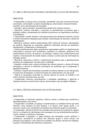 65

5.2- ÁREA: CIÊNCIAS DA NATUREZA, MATEMÁTICA E SUAS TECNOLOGIAS


OBJETIVOS
- Compreender as ciências como construção, entendendo como elas se desenvolvem por
acumulação, continuidade ou ruptura de paradigmas, relacionando o desenvolvimento
científico com a transformação da sociedade;
- Entender e aplicar métodos e procedimentos próprios das ciências naturais;
- Identificar variáveis relevantes e selecionar os procedimentos necessários para a
produção, análise e interpretação de resultados de processos ou experimentos científicos
e tecnológicos;
- Compreender o caráter aleatório e não determinístico dos fenômenos naturais e sociais
e utilizar instrumentos adequados para medidas, determinações de amostras e cálculo de
probabilidades;
- Identificar, analisar e aplicar conhecimentos sobre valores de variáveis, representados
em gráficos, diagramas ou expressões algébricas realizando previsão de tendências,
interpretações, extrapolações e interpolações;
- Analisar qualitativamente dados quantitativos representados gráfica ou algebricamente
relacionados a contextos sócio econômicos, científicos ou cotidianos, apropriar-se dos
conhecimentos da física, da química e da biologia e aplicar esses conhecimentos para
explicar o funcionamento do mundo natural, executar e avaliar ações de intervenção na
realidade natural;
- Identificar, representar e utilizar o conhecimento geométrico para o aperfeiçoamento
da leitura, da compreensão e da ação sobre a realidade;
- Entender a relação entre o desenvolvimento das ciências naturais e o desenvolvimento
tecnológico e associar as diferentes tecnologias aos problemas que se propuseram e
propõem solucionar;
- Entender o impacto das tecnologias associadas às ciências naturais na sua vida pessoal,
nos processos de produção, no desenvolvimento do conhecimento e na vida social;
- Aplicar as tecnologias associadas às ciências naturais na escola, no trabalho e em
outros contextos relevantes para sua vida;
- Compreender conceitos, procedimentos e estratégias matemáticas e aplicá-las a
situações diversas no contexto das ciências, da tecnologia e das atividades cotidianas.



5.3- ÁREA: CIÊNCIAS HUMANAS E SUAS TECNOLOGIAS


OBJETIVOS
- Compreender os elementos cognitivos, afetivos, sociais e culturais que constituem a
identidade própria e dos outros;
- Compreender a sociedade, sua gênese e transformação e os múltiplos fatores que nelas
intervêm, como produtos da ação humana; a si mesmo como agente social; e os
processos sociais como orientadores da dinâmica dos diferentes grupos de indivíduos;
- Compreender o desenvolvimento da sociedade como processo de ocupação de espaços
físicos e as relações da vida humana com a paisagem, em seus desdobramentos político-
sociais, culturais, econômicos e humanos;
- Compreender a produção e o papel histórico das instituições sociais, políticas e
econômicas, associado-as às práticas dos diferentes grupos e atores sociais, aos
princípios que regulam a convivência em sociedade, aos direitos e deveres da cidadania,
à justiça e à distribuição dos benefícios econômicos;
 