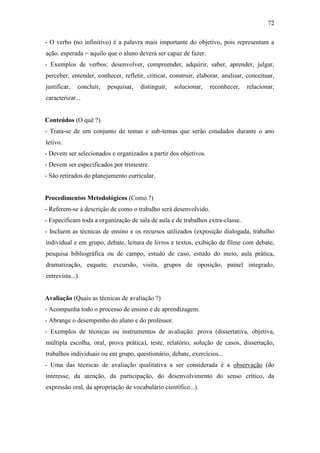 72

- O verbo (no infinitivo) é a palavra mais importante do objetivo, pois representam a
ação. esperada = aquilo que o aluno deverá ser capaz de fazer.
- Exemplos de verbos: desenvolver, compreender, adquirir, saber, aprender, julgar,
perceber, entender, conhecer, refletir, criticar, construir, elaborar, analisar, conceituar,
justificar,   concluir,   pesquisar,   distinguir,   solucionar,   reconhecer,   relacionar,
caracterizar...


Conteúdos (O quê ?)
- Trata-se de um conjunto de temas e sub-temas que serão estudados durante o ano
letivo.
- Devem ser selecionados e organizados a partir dos objetivos.
- Devem ser especificados por trimestre.
- São retirados do planejamento curricular.


Procedimentos Metodológicos (Como ?)
- Referem-se à descrição de como o trabalho será desenvolvido.
- Especificam toda a organização de sala de aula e de trabalhos extra-classe.
- Incluem as técnicas de ensino e os recursos utilizados (exposição dialogada, trabalho
individual e em grupo, debate, leitura de livros e textos, exibição de filme com debate,
pesquisa bibliográfica ou de campo, estudo de caso, estudo do meio, aula prática,
dramatização, esquete, excursão, visita, grupos de oposição, painel integrado,
entrevista...).


Avaliação (Quais as técnicas de avaliação ?)
- Acompanha todo o processo de ensino e de aprendizagem.
- Abrange o desempenho do aluno e do professor.
- Exemplos de técnicas ou instrumentos de avaliação: prova (dissertativa, objetiva,
múltipla escolha, oral, prova prática), teste, relatório, solução de casos, dissertação,
trabalhos individuais ou em grupo, questionário, debate, exercícios...
- Uma das técnicas de avaliação qualitativa a ser considerada é a observação (do
interesse, da atenção, da participação, do desenvolvimento do senso crítico, da
expressão oral, da apropriação de vocabulário científico...).
 