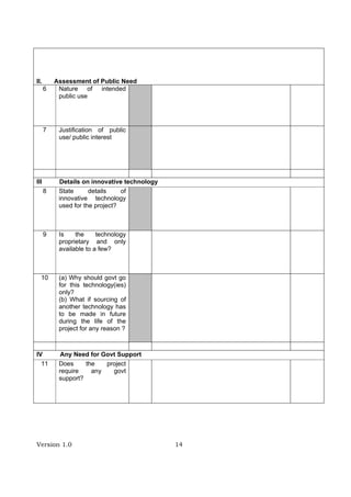 Version 1.0 14
II. Assessment of Public Need
6 Nature of intended
public use
7 Justification of public
use/ public interest
III Details on innovative technology
8 State details of
innovative technology
used for the project?
9 Is the technology
proprietary and only
available to a few?
10 (a) Why should govt go
for this technology(ies)
only?
(b) What if sourcing of
another technology has
to be made in future
during the life of the
project for any reason ?
IV Any Need for Govt Support
11 Does the project
require any govt
support?
 