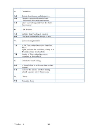 Version 1.0 47
5. Clearances
5.1 Status of environmental clearances
5.2 Clearance required from the State
Government and other local bodies
5.3 Other support required from the State
Government
6. GoK Support
6.1 Viability Gap Funding, if required
6.2 GOK guarantees being sought, if any
7. Concession Agreement
7.1 Is the Concession Agreement based on
MCA?
If yes, indicate the variations, if any, in a
detailed note (to be attached)
7.2 Details of Concession Agreement
(Attached at Appendix-A)
8. Criteria for short-listing
8.1 Is short-listing to be in one stage or two
stages?
8.2 Indicate the criteria for short-listing
(attach separate sheet if necessary)
9. Others
9.1 Remarks, if any
 